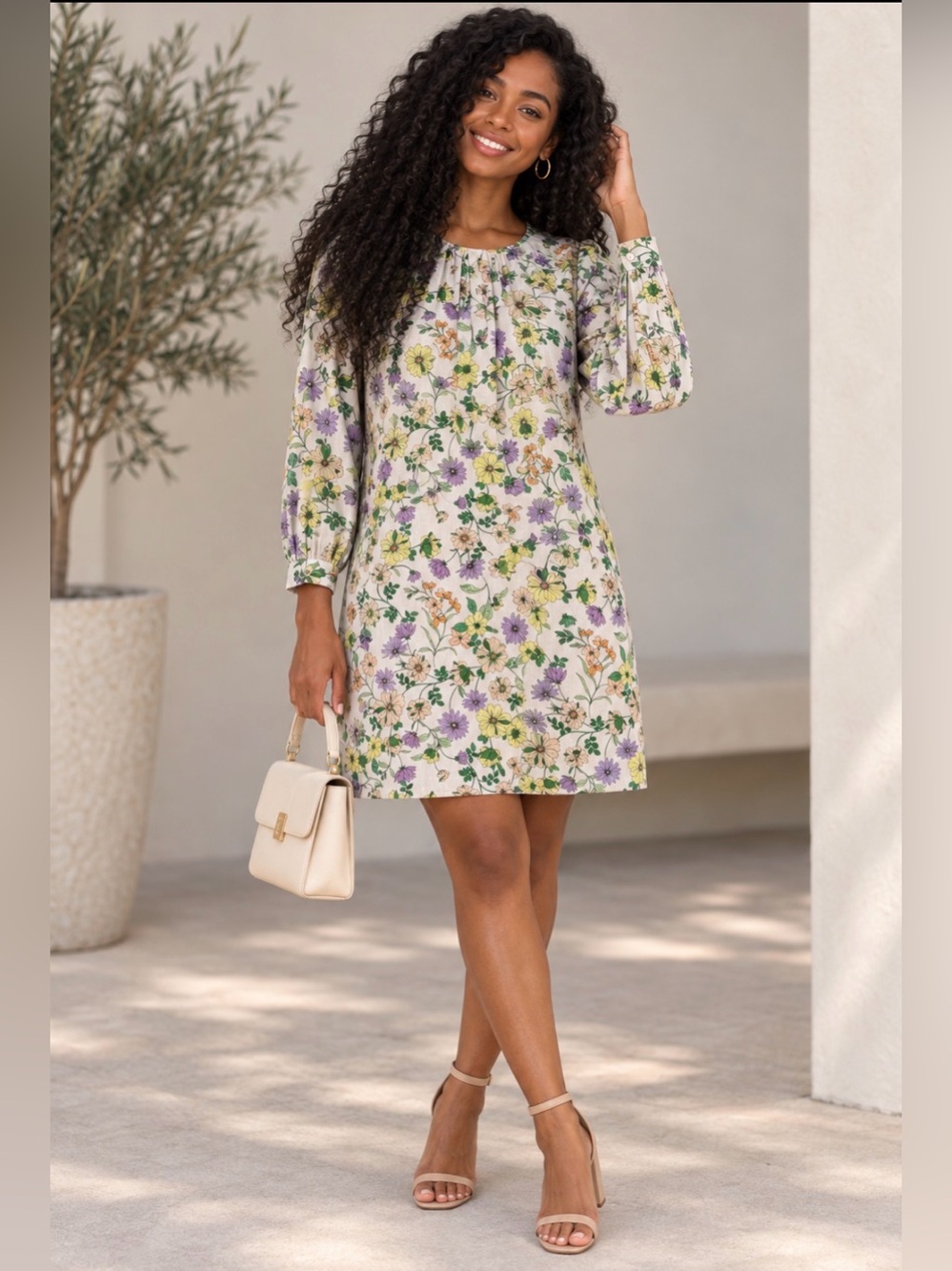 LOFT Floral Linen Shift Dress Balloon Sleeve Size 6